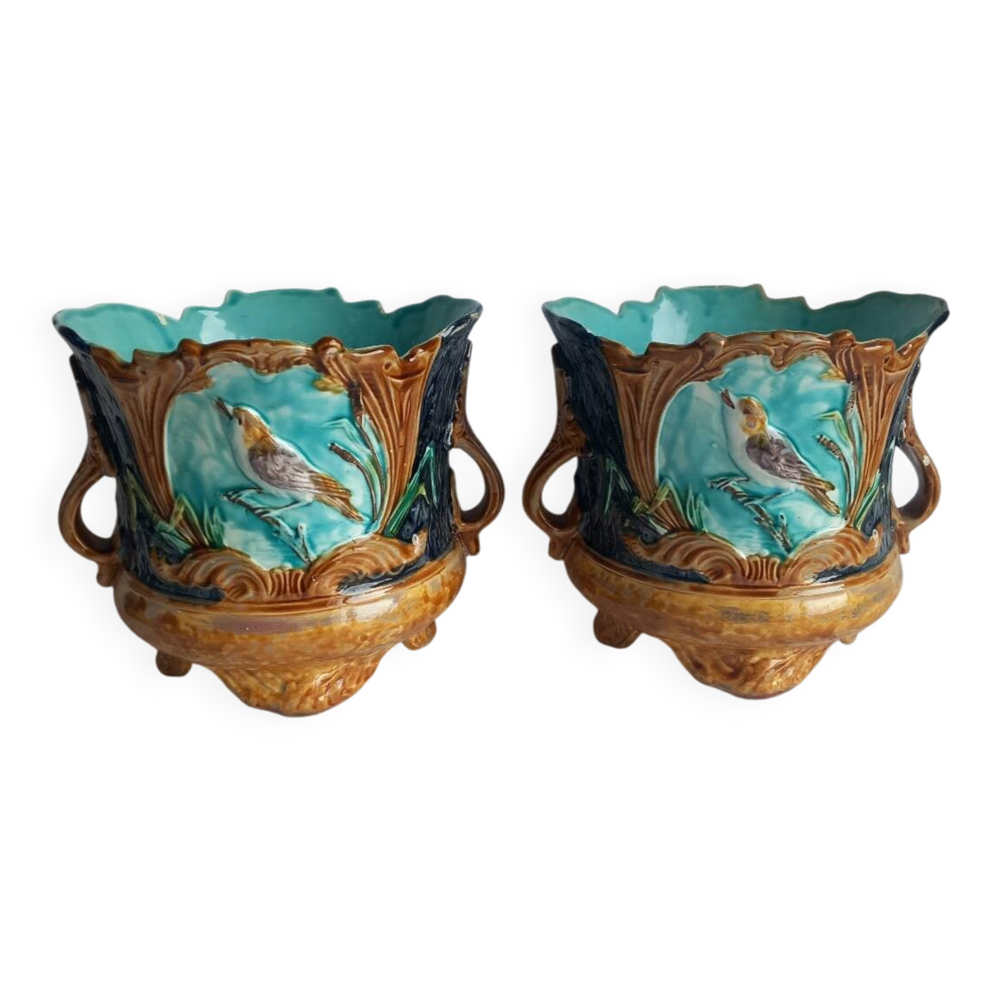 Pair of antique cache-pots in majolica – Art Nouveau 19th century