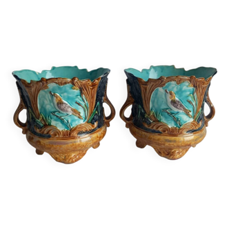 Pair of antique cache-pots in majolica – Art Nouveau 19th century