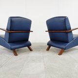 Pair of bentwood and blue leather armchairs, 1970s