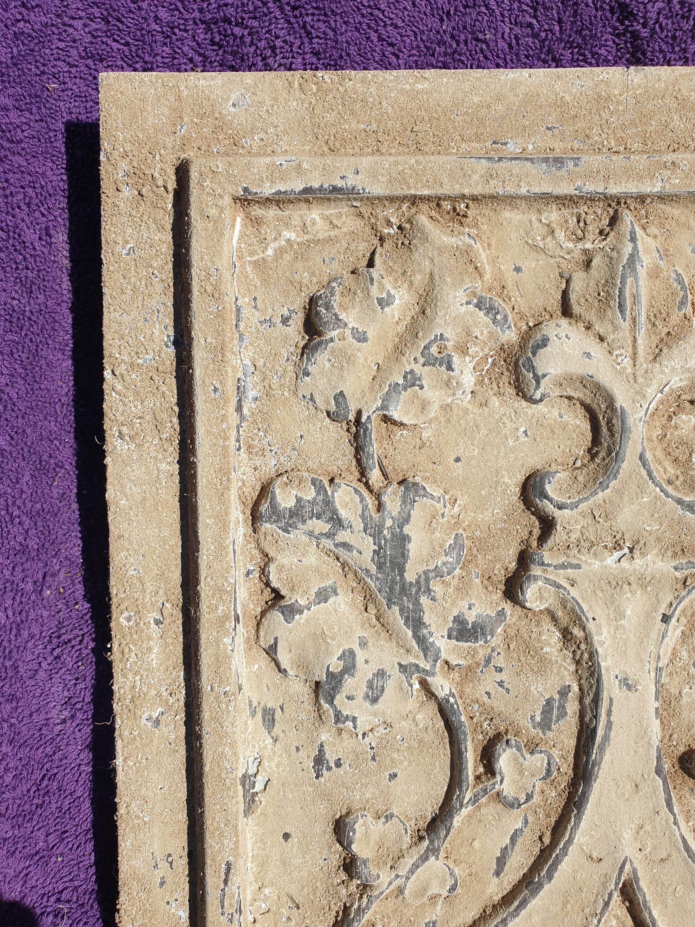 Polychrome carved wooden panel, wall element, old object