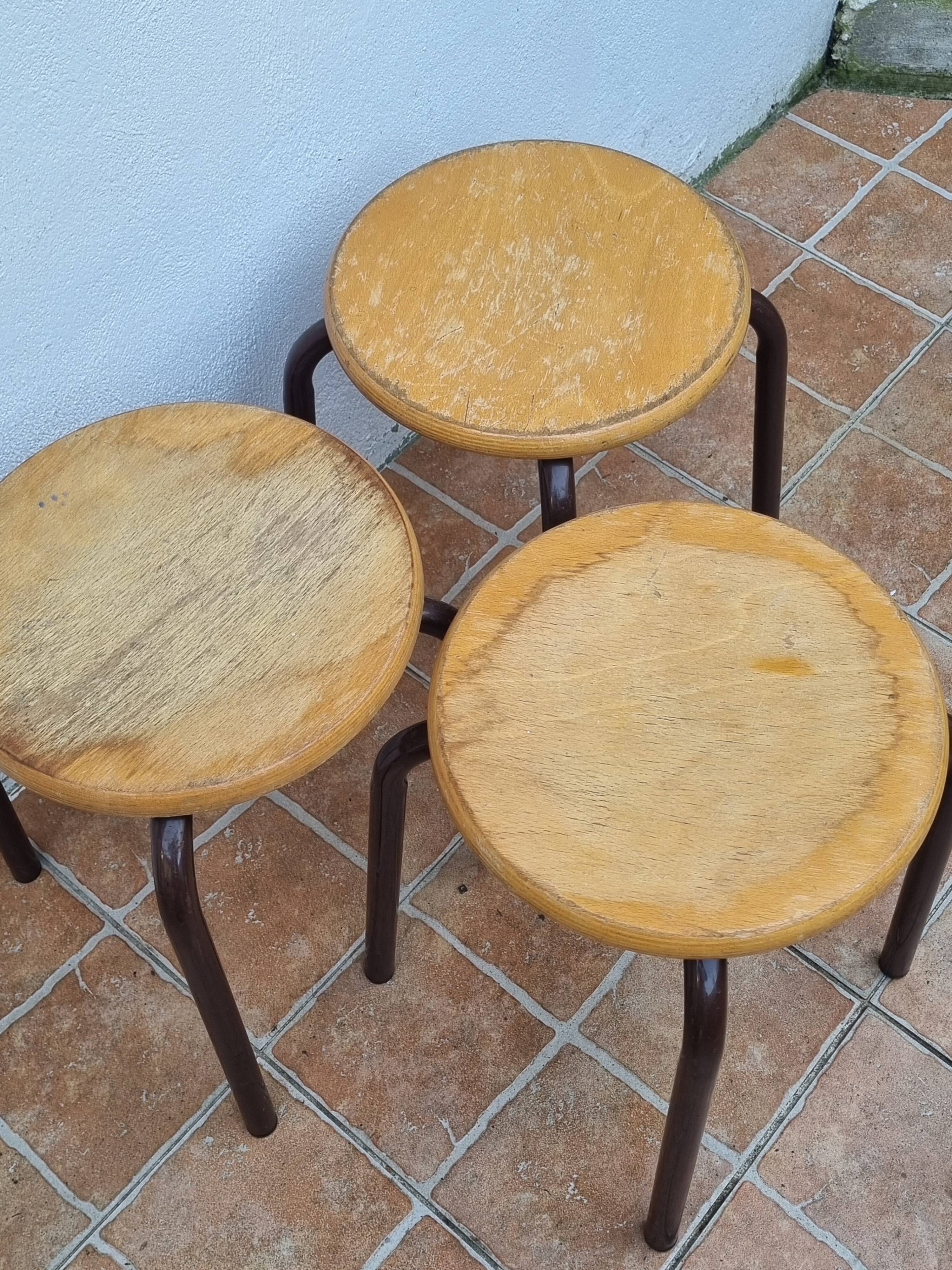3 vintage stackable stools in wood and metal, industrial style, 45 cm