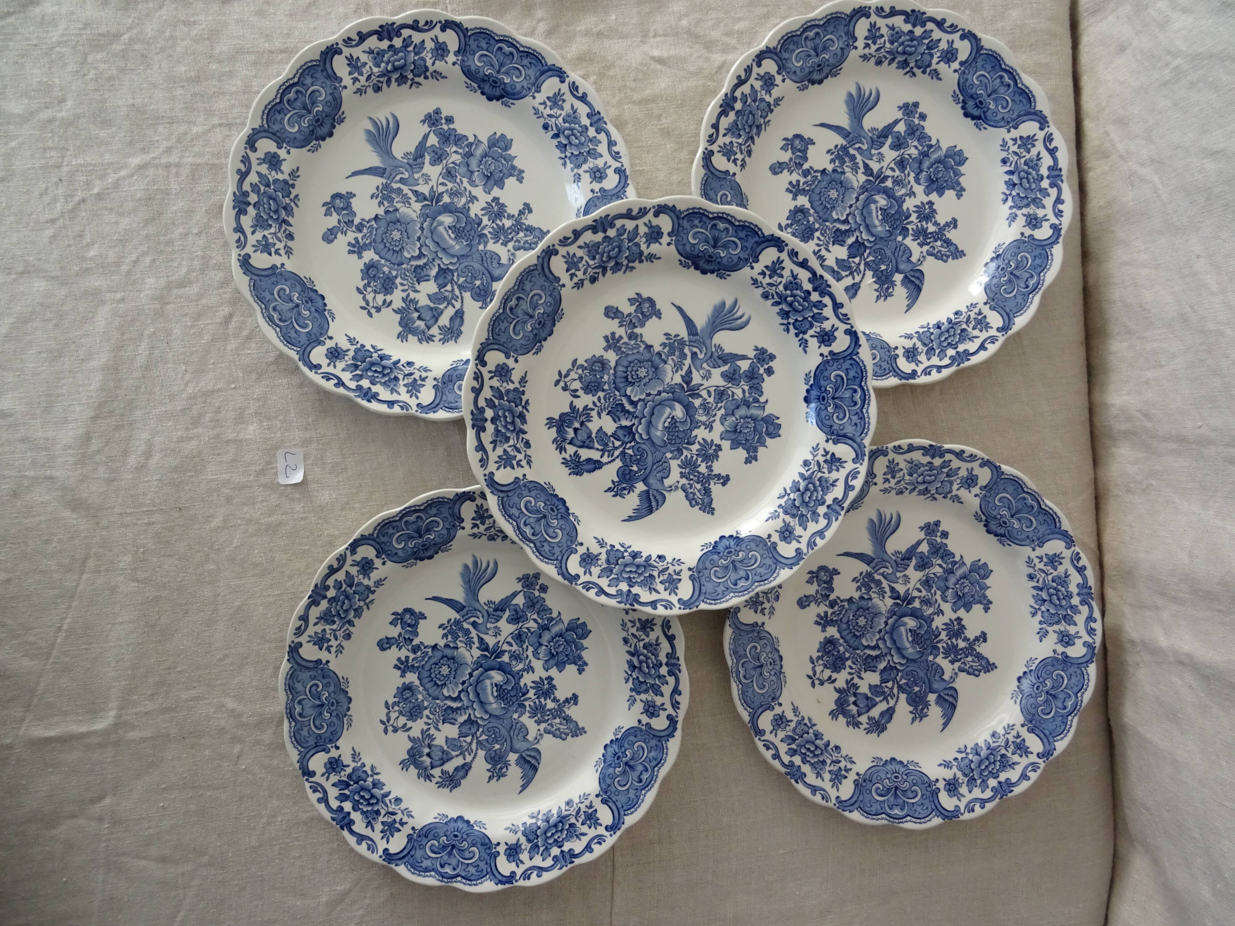5 flat plates Ridgway Staffordshire Windsor blue bird flower