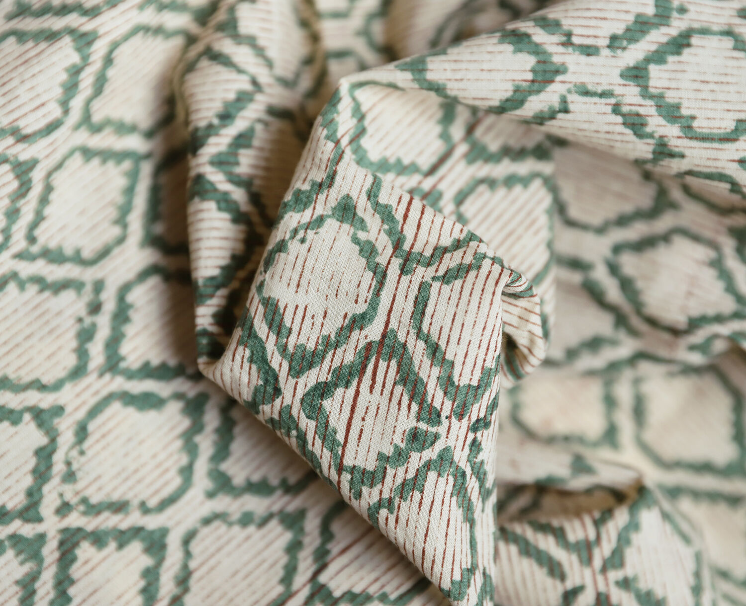Set of 4 block-print towels with green stripes