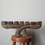 Hand-carved wooden candle holder, ethnic tribal style.