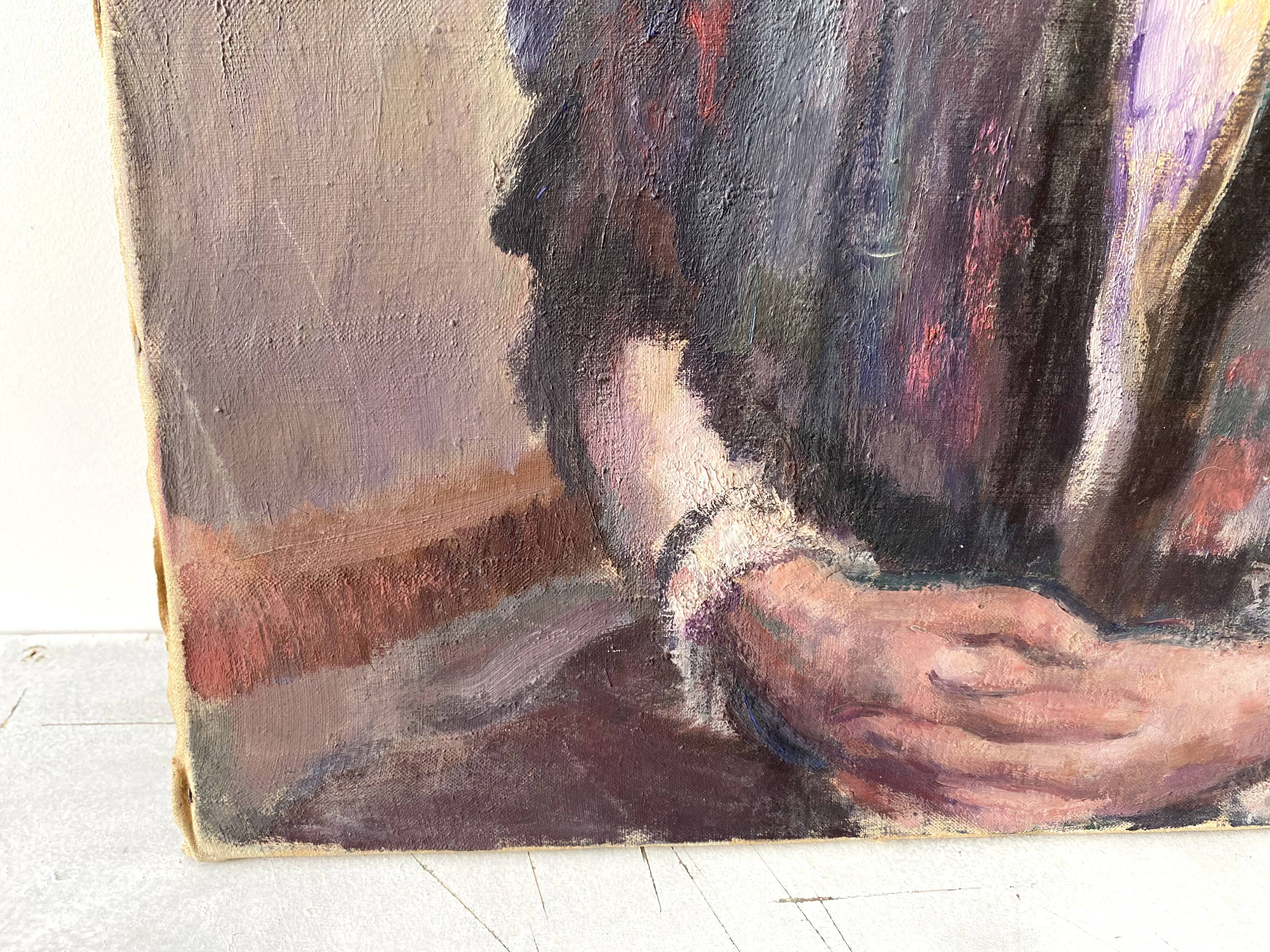 Old portrait signed Fernand Blondin dated 1932, vintage oil on canvas of a woman