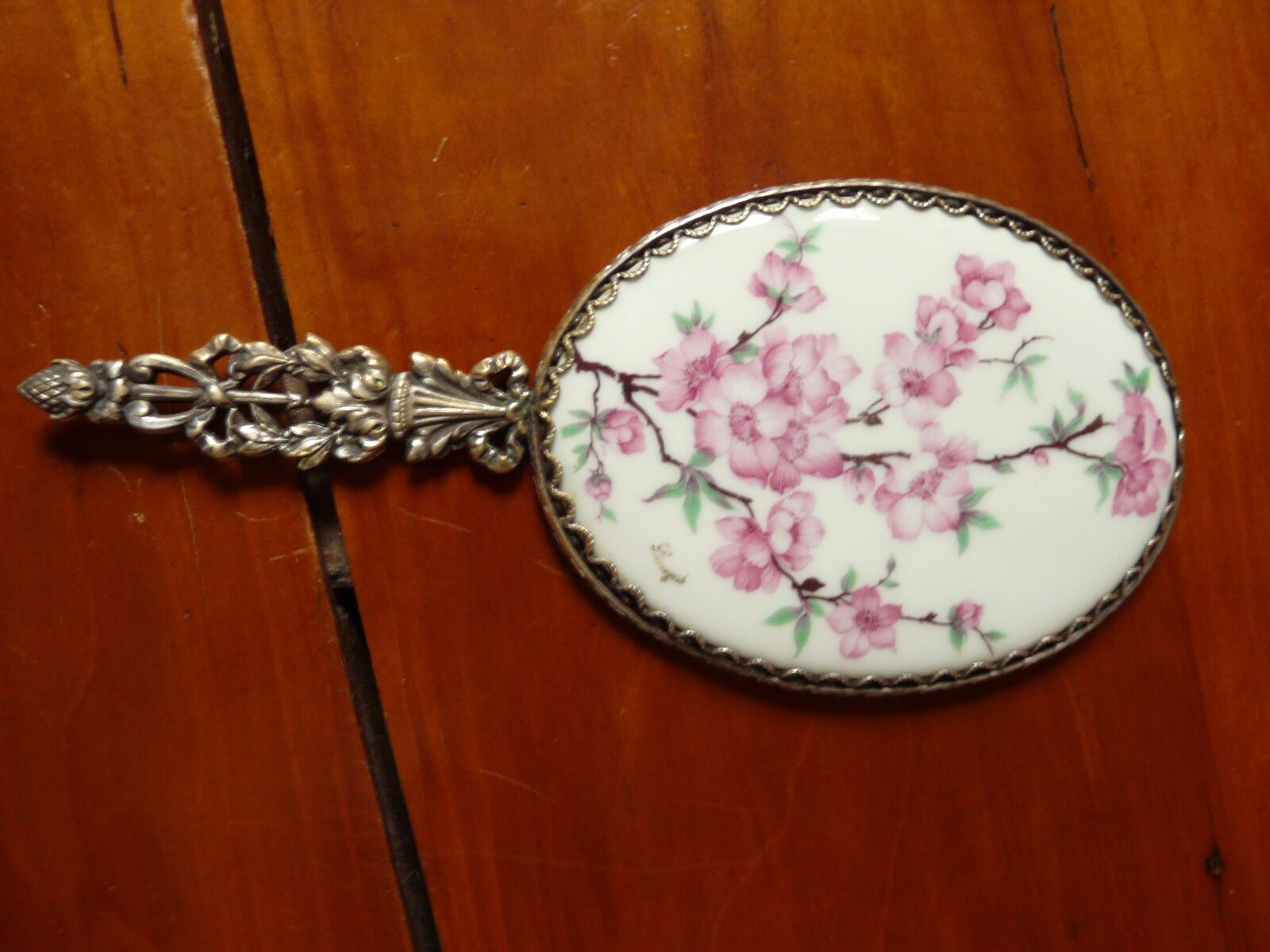 former silver bronze hand mirror - porcelain Limoges flower decoration