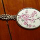 former silver bronze hand mirror - porcelain Limoges flower decoration