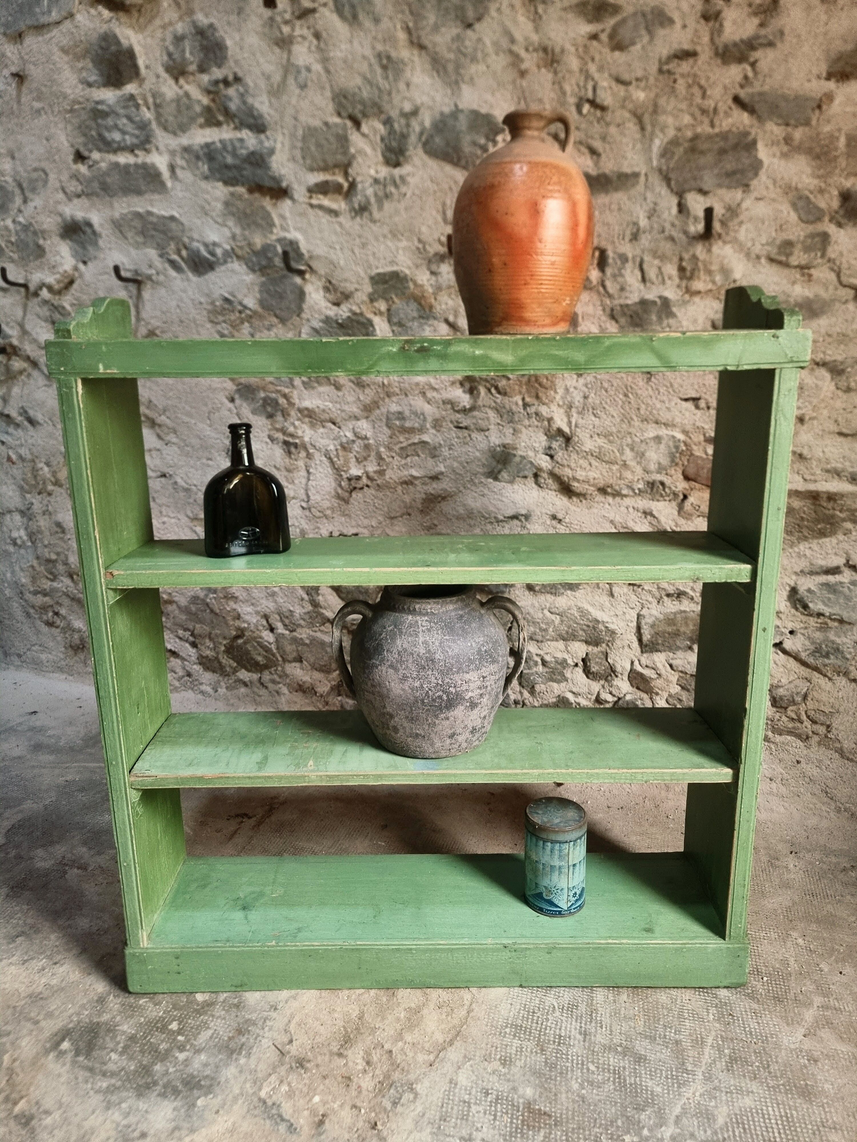 Vintage open pine shelf, original sage green paint, circa 1900–1930.