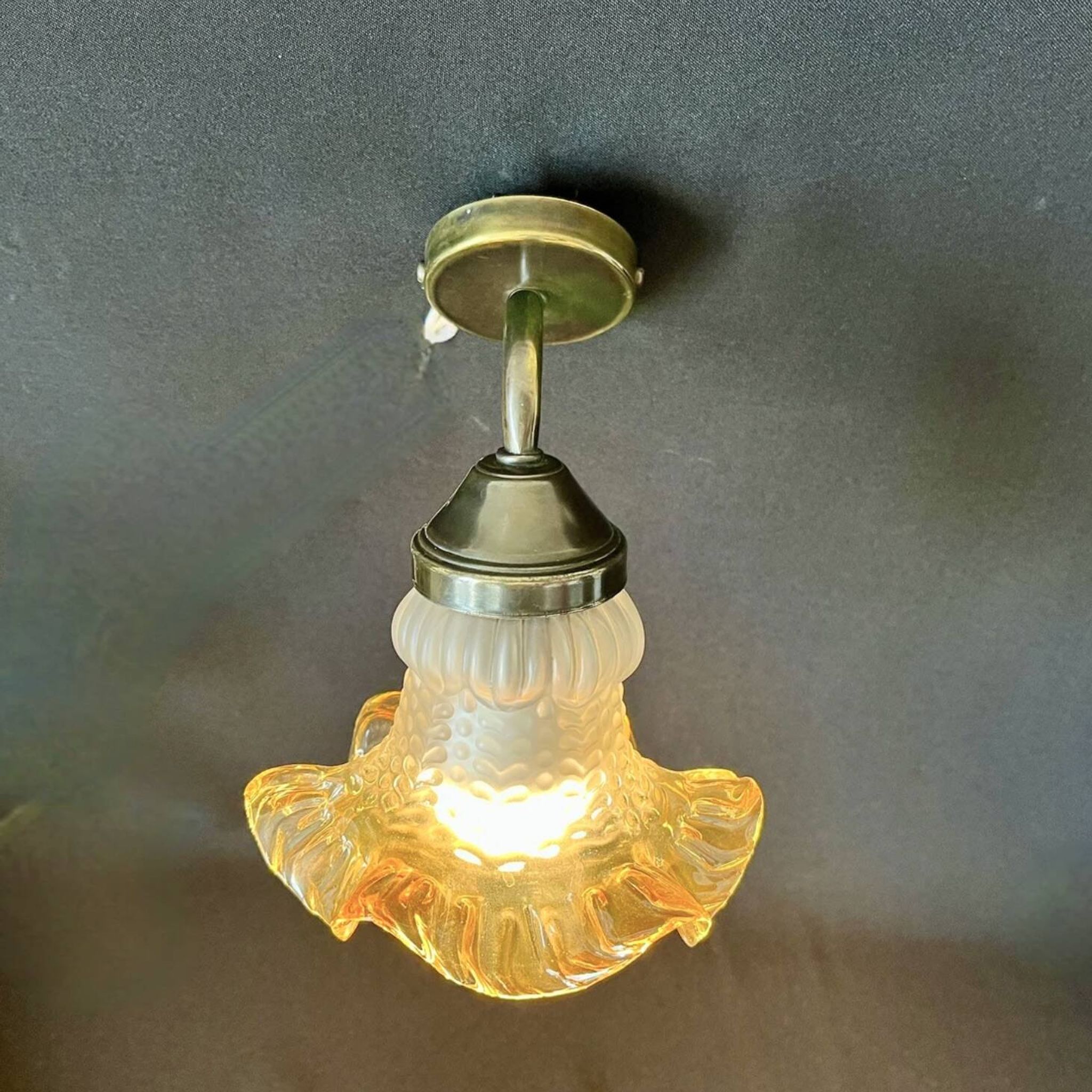 Vintage brass swan neck wall light with opaline tulip flower