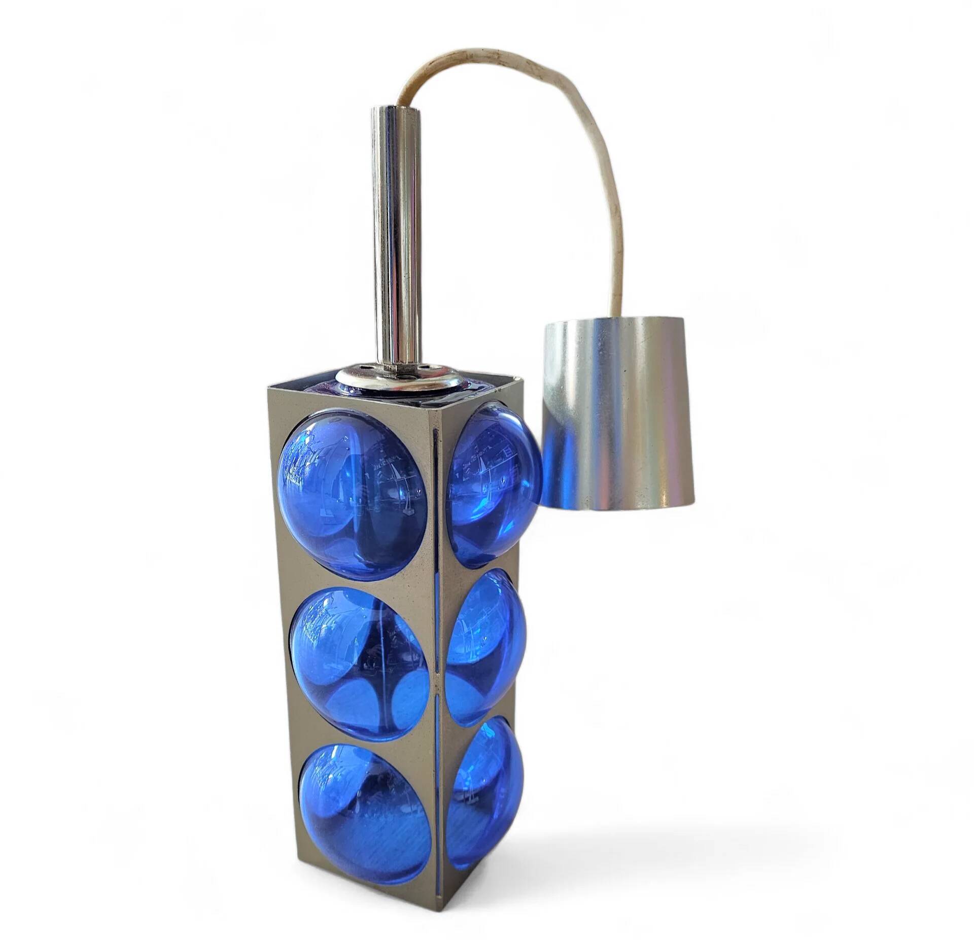Blue glass / chrome hanging light / 1980s / Temde Swiss