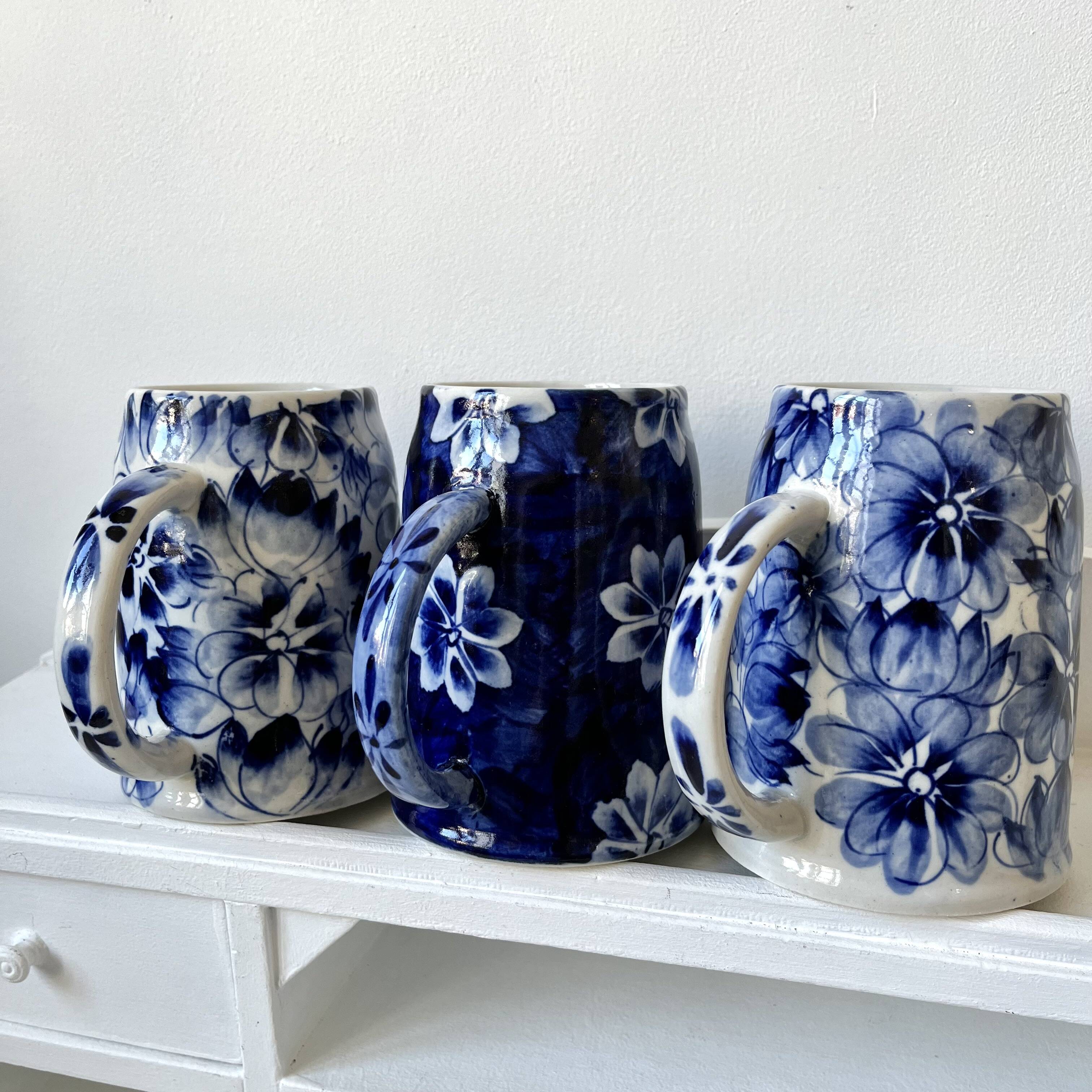 Blue flowered mugs or large tankards