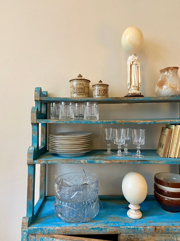 Sideboard 4 shelves and 2 glass doors in blue wood