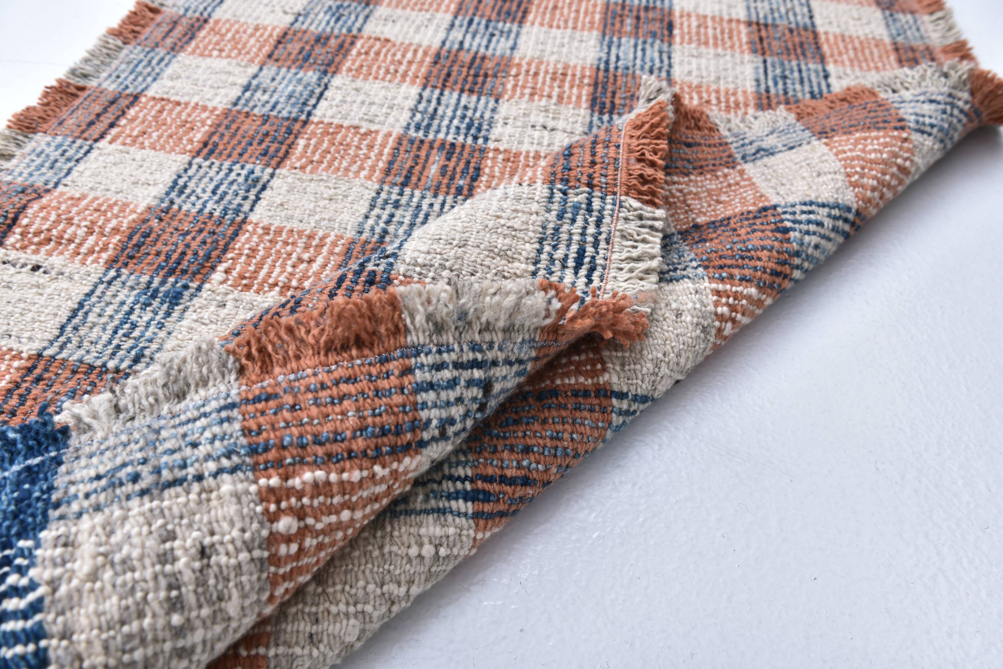 85x325 cm Runner Rug, Blue Terracota Hand made Rug, Made With Wool.