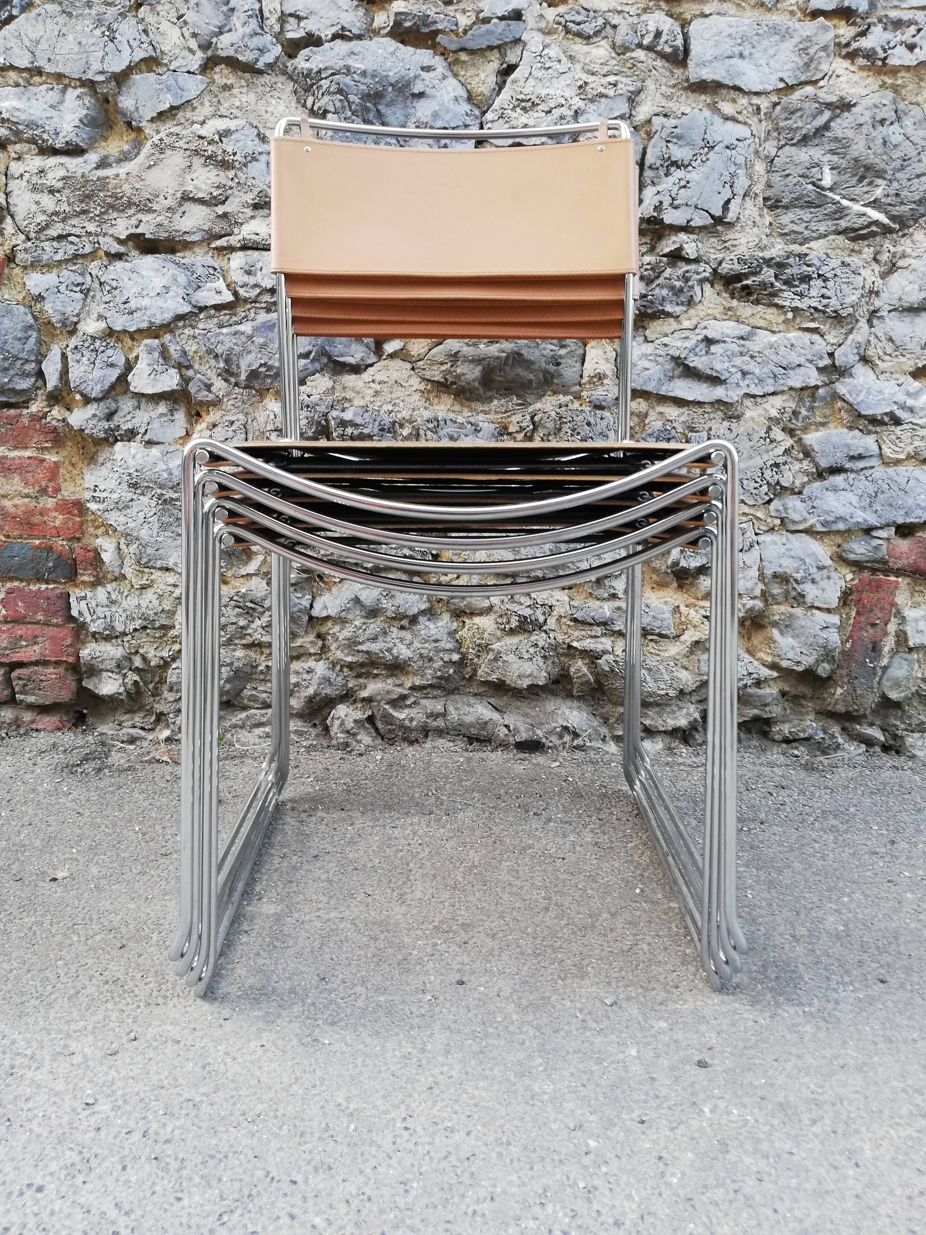 Chrome metal chair upholstered in leather 1970 Giandomenico Belotti