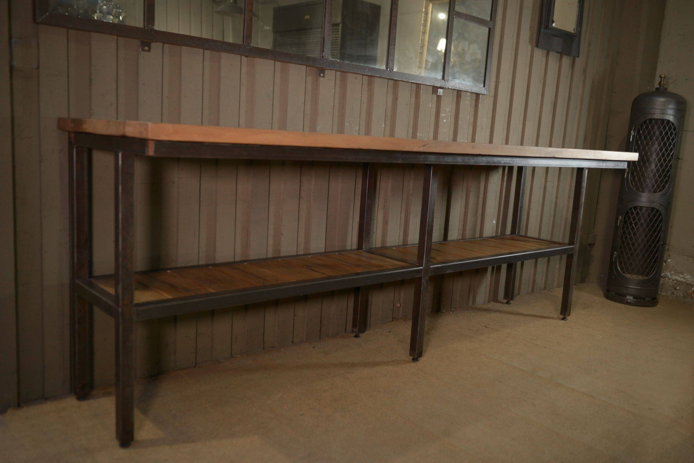 Large industrial metal console, 2 solid oak shelves