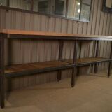 Large industrial metal console, 2 solid oak shelves
