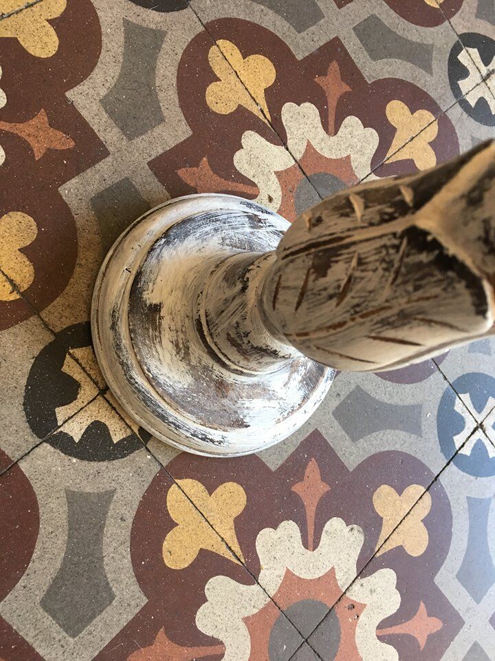 Large candlestick in white patinated wood.