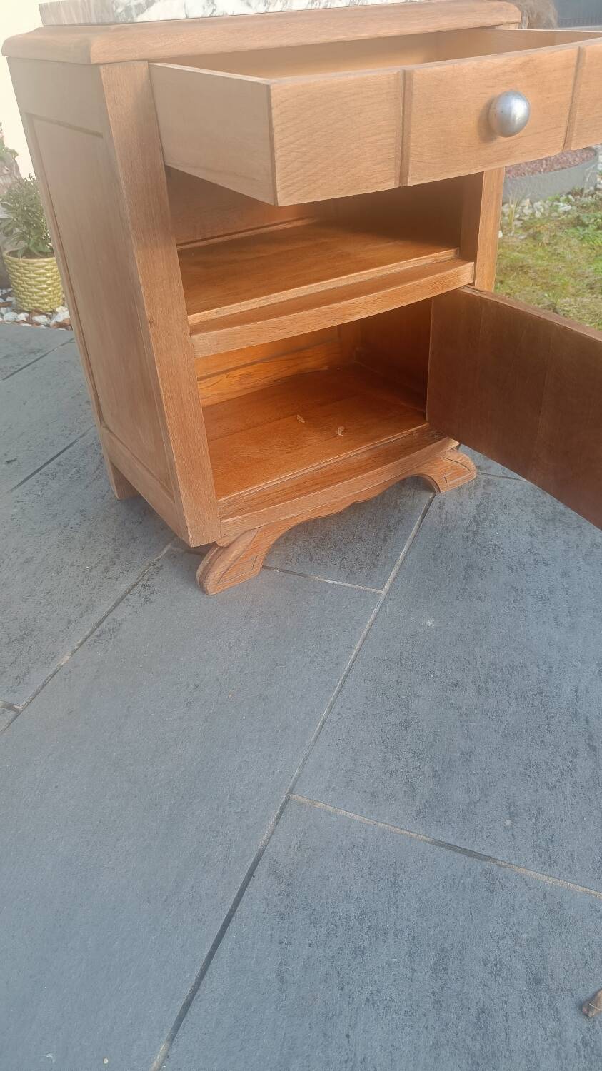 Solid oak bedside table with marble