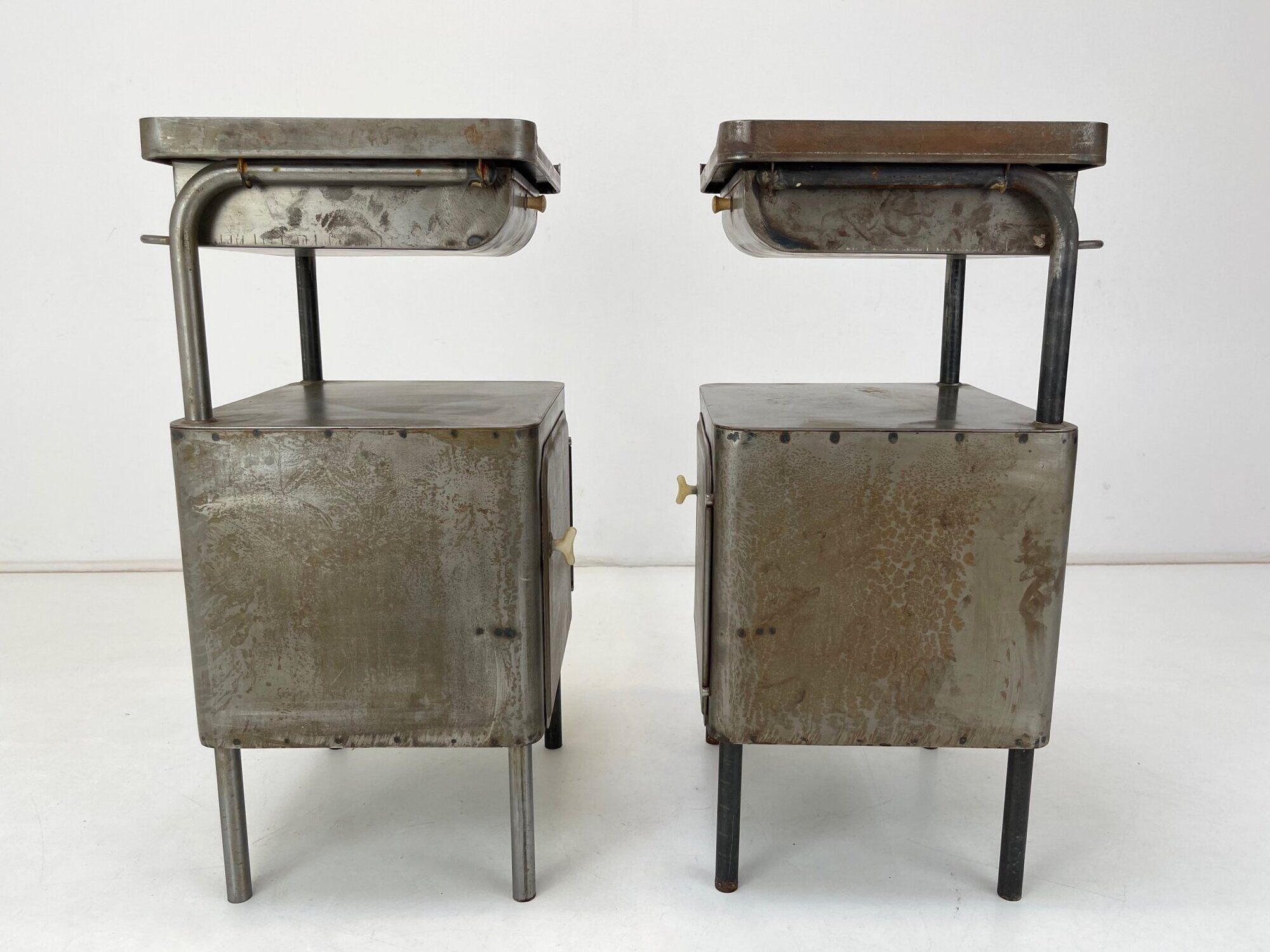 Vintage Industrial Brushed Steel Nightstands, 1920's
