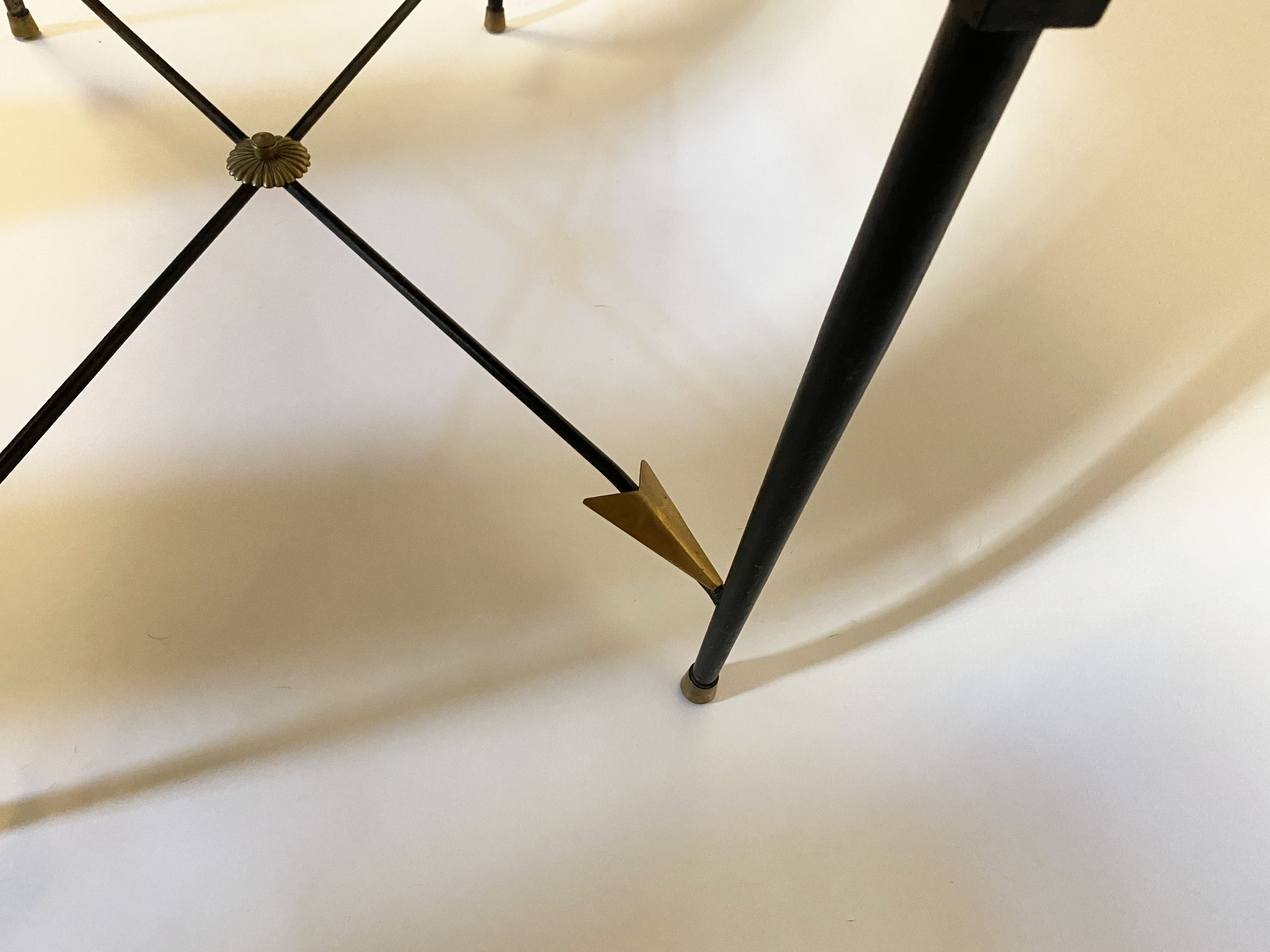 Art Deco wrought iron side table with brass arrow decoration, 1940s