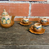 Teapot + 3 Antique Glazed Terracotta Cups Landscape Decor Vintage