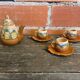 Théière + 3 Tasses Anciennes Terre Cuite Émaillée Décor Paysage Vintag