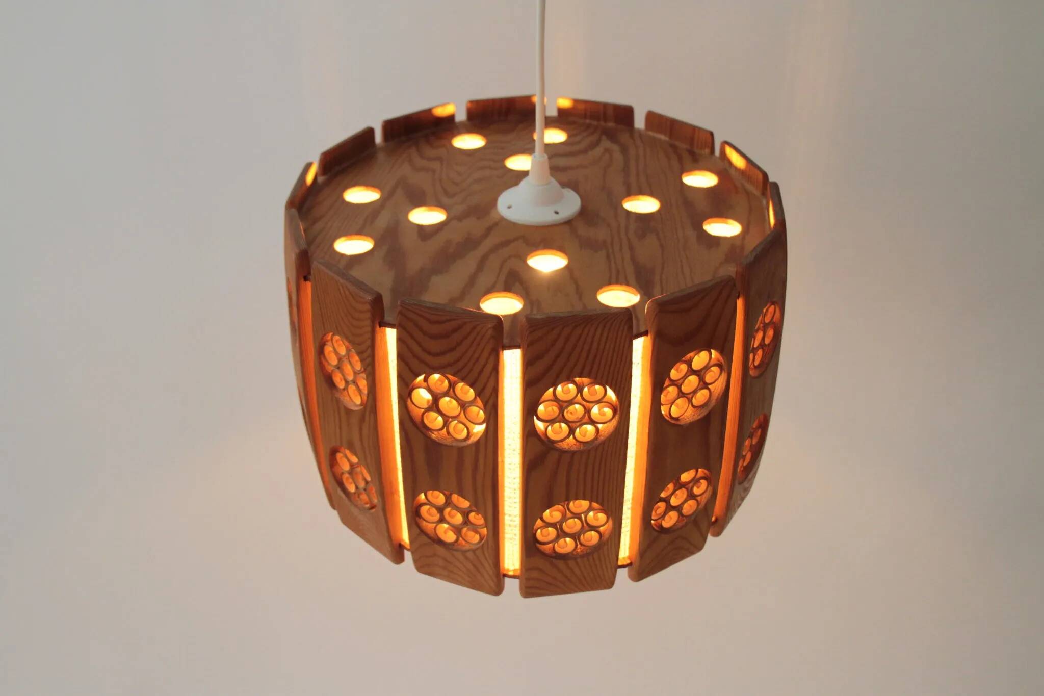 Pine Pendant Lamp with Rolled Wood Curl Rosettes – Sweden, 1970s