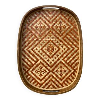 Plateau en rotin et bois tressé 1970