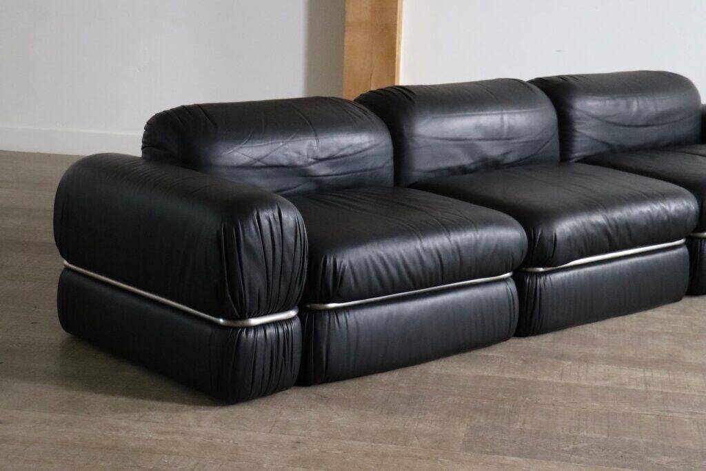 Modular sofa in black leather by Rodolfo Bonetto for Tecnosalotto, 1960s