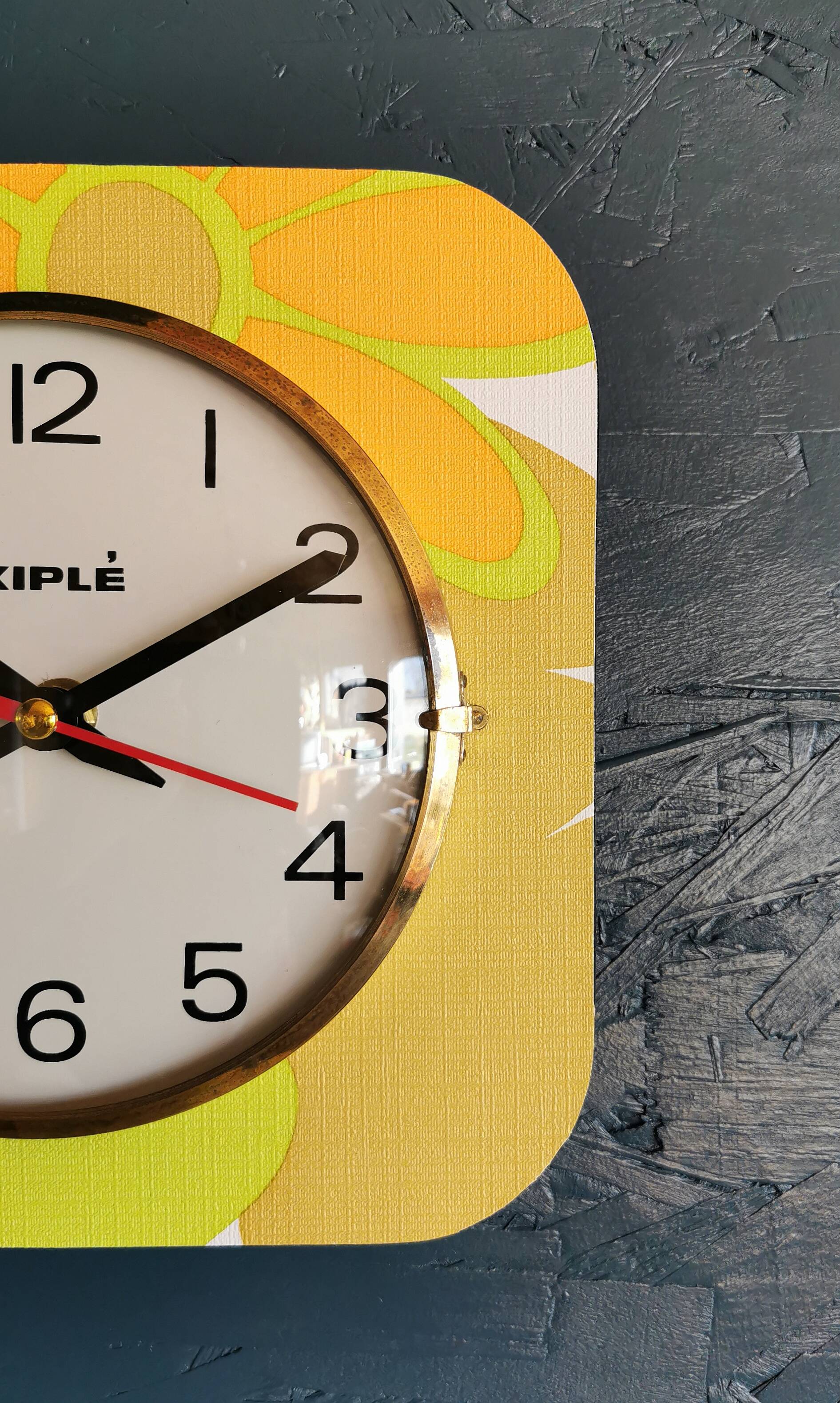 Vintage silent wall pendulum clock from the 60s square "Kiulé flowers"