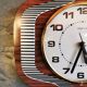 Vintage formica clock silent wall clock "Featured wood stripes"