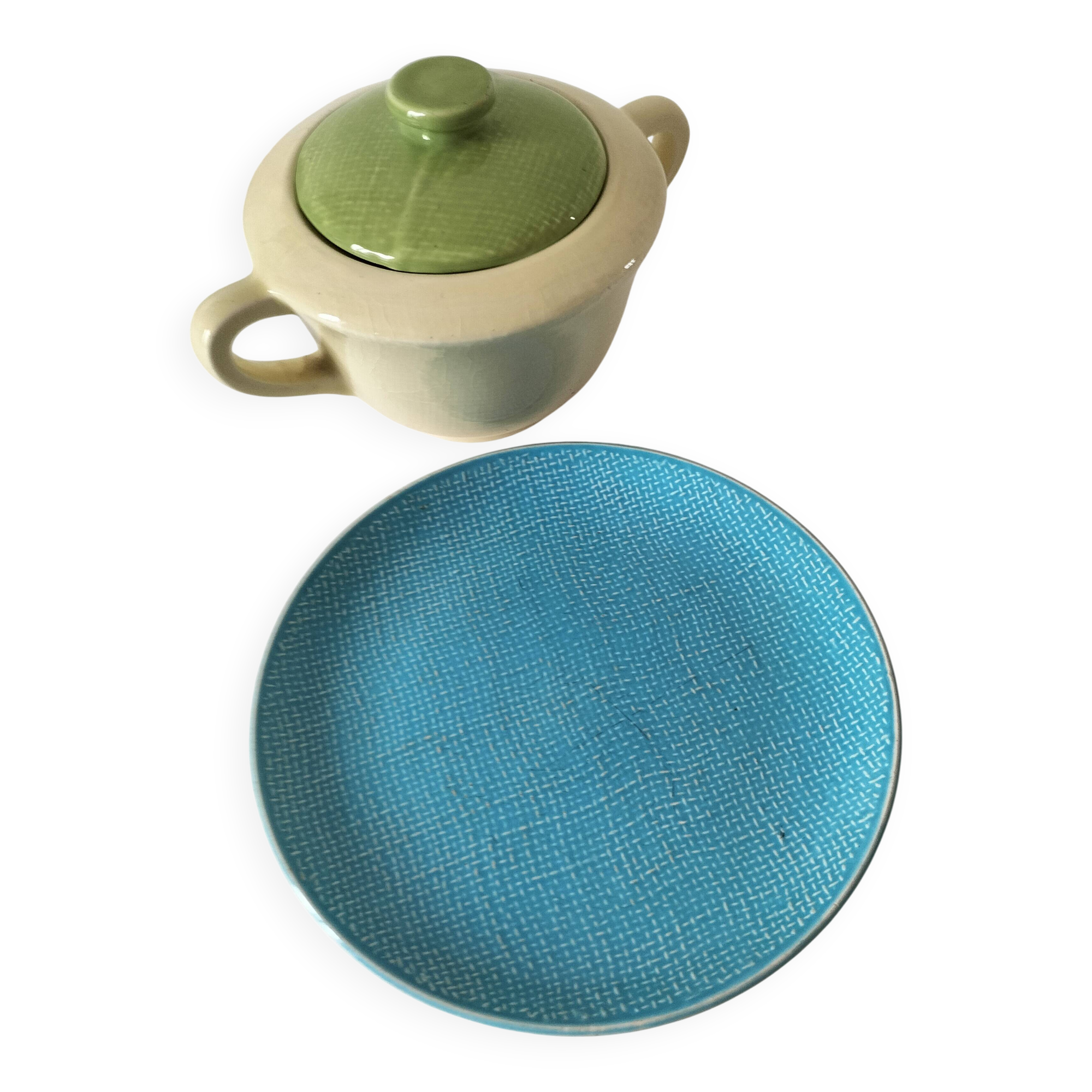 Two sugar bowls and a textured plate in turquoise and green Salins earthenware.