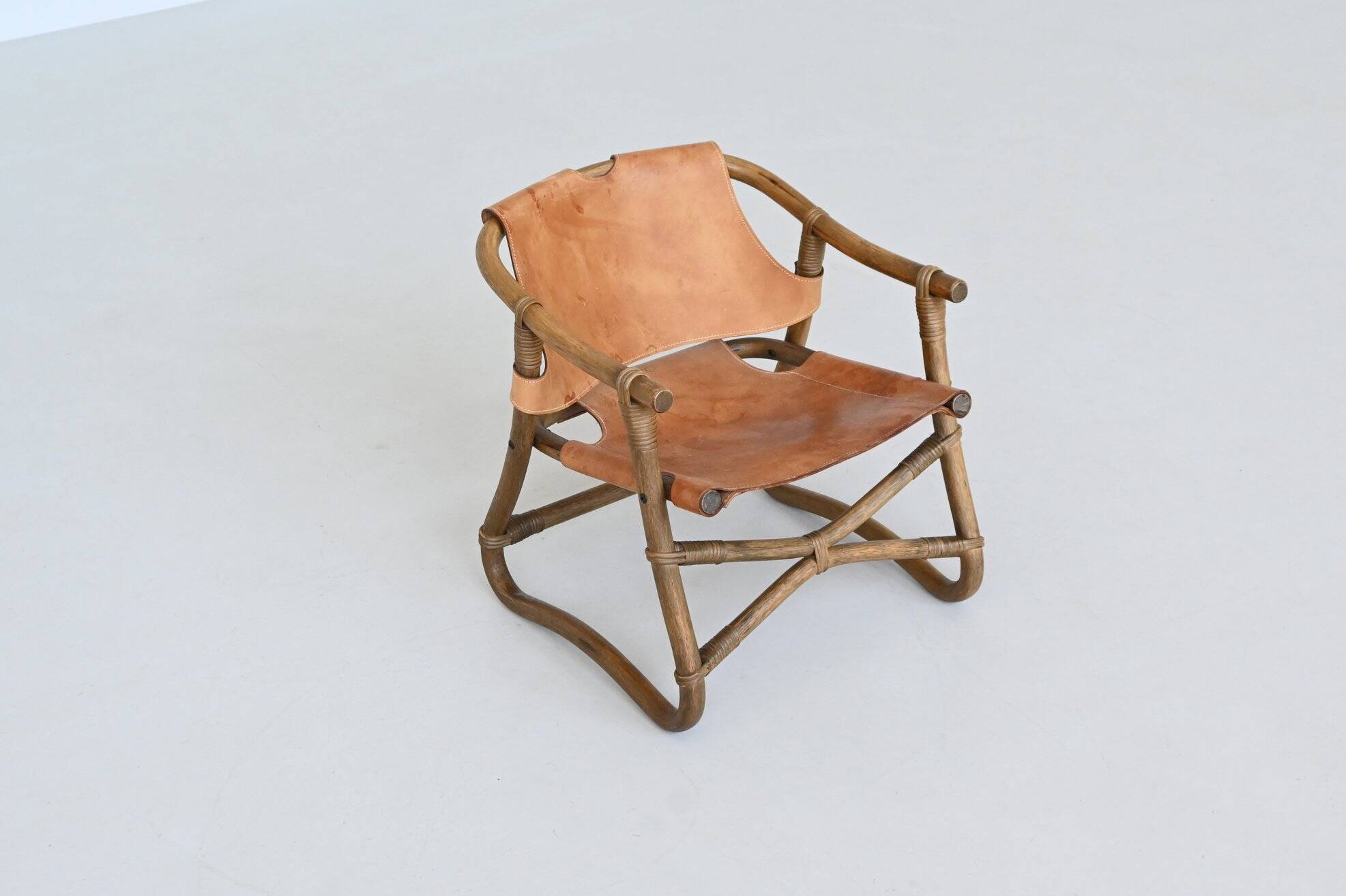 Espri safari chair in cognac leather and bamboo IKEA Sweden 1970