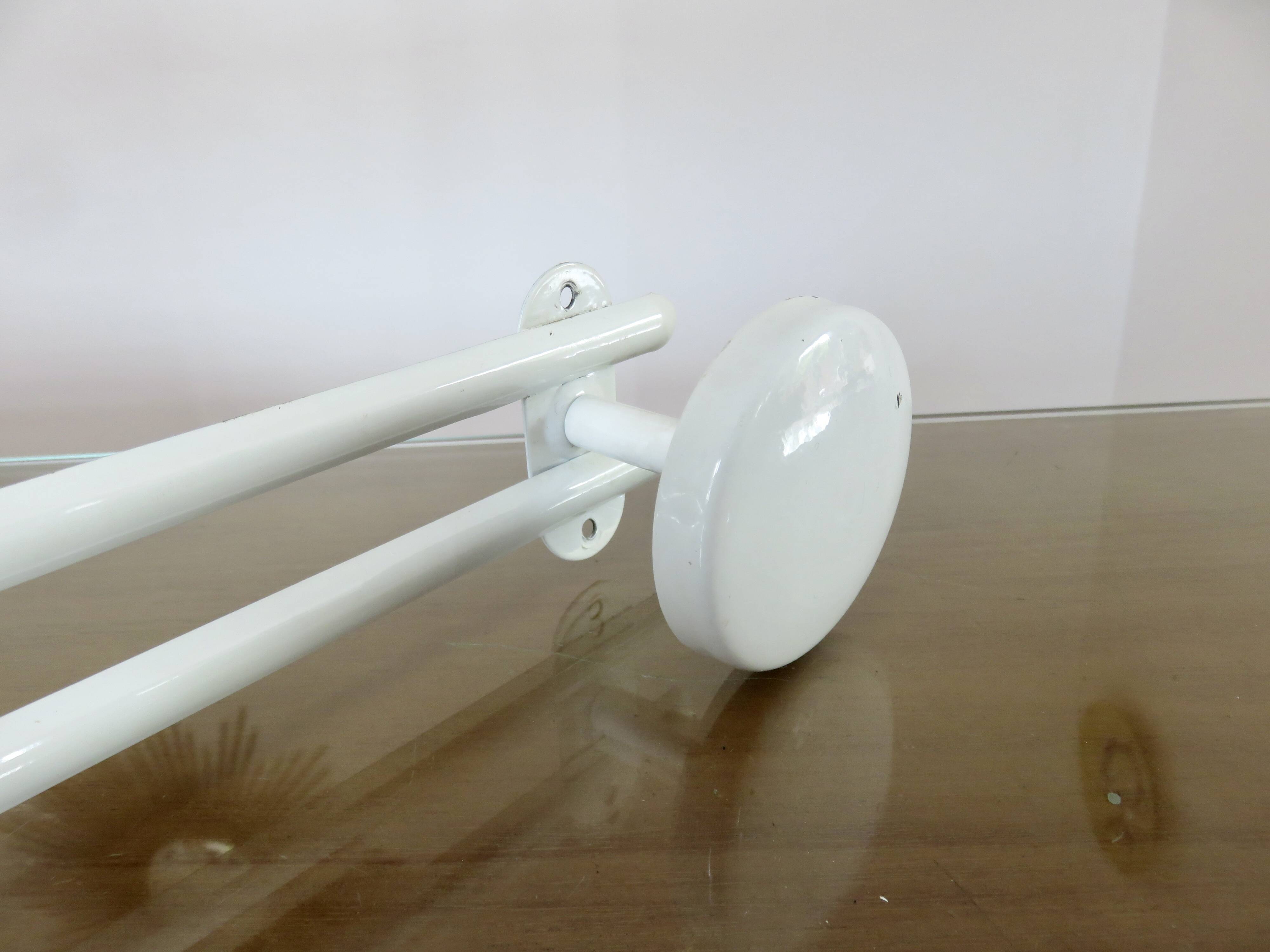 White lacquered metal wall coat rack, 3 hooks, 70s-80s