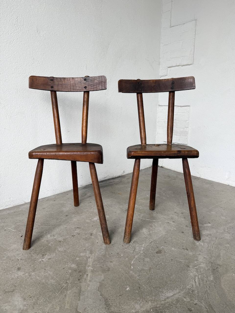 Pair of Savoyard tripod chairs, folk art, oak.