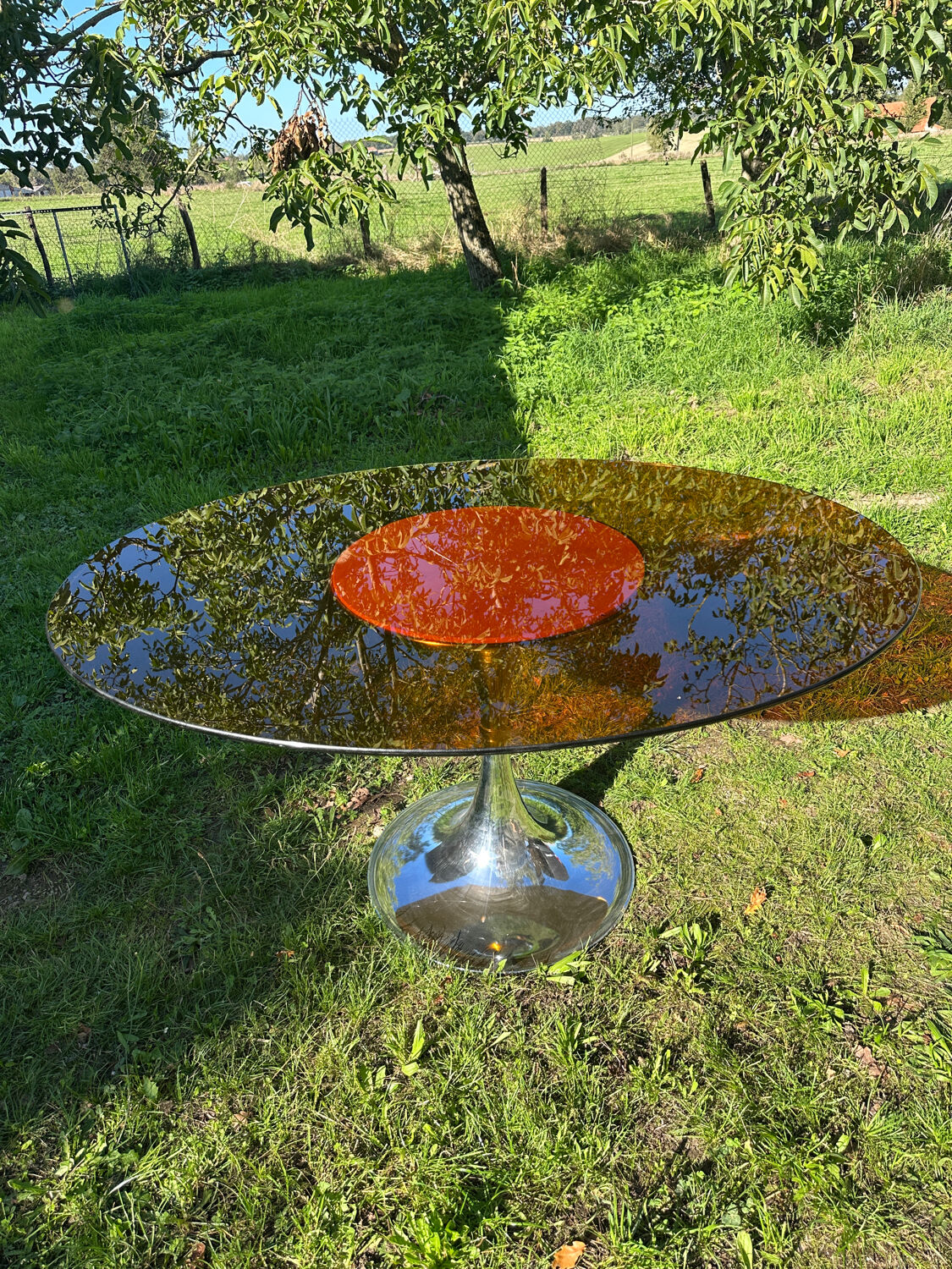 ORANGE smoked glass tulip foot table Gastone Rinaldi