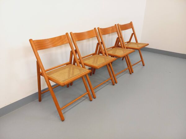 Suite de 4 chaises pliantes Habitat vintage en bois de hêtre et cannage