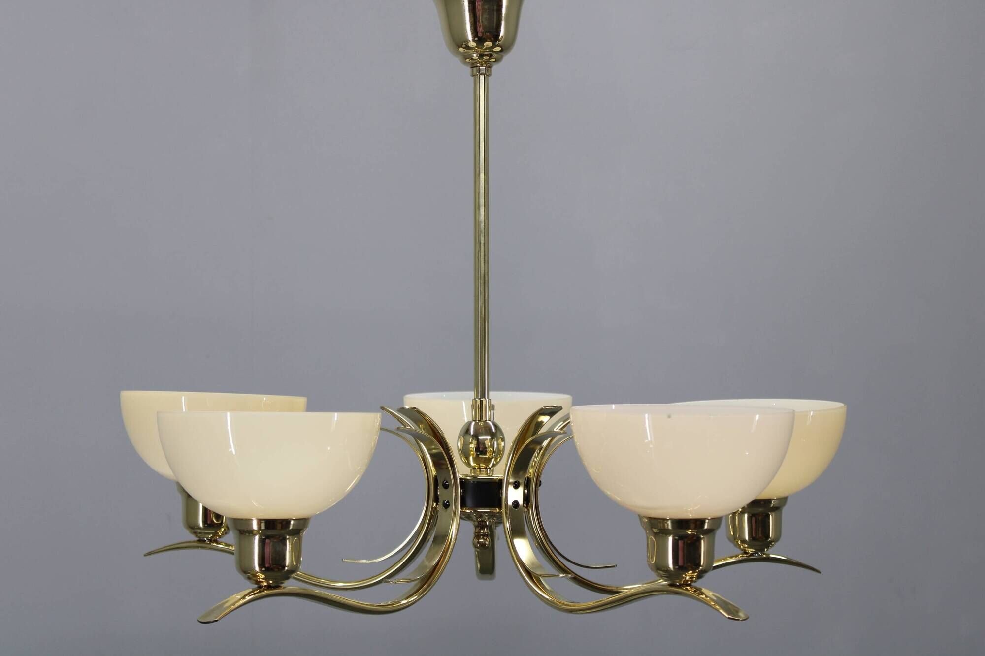 Art Deco brass chandelier with cream opaline glass, Czechoslovakia 1930s