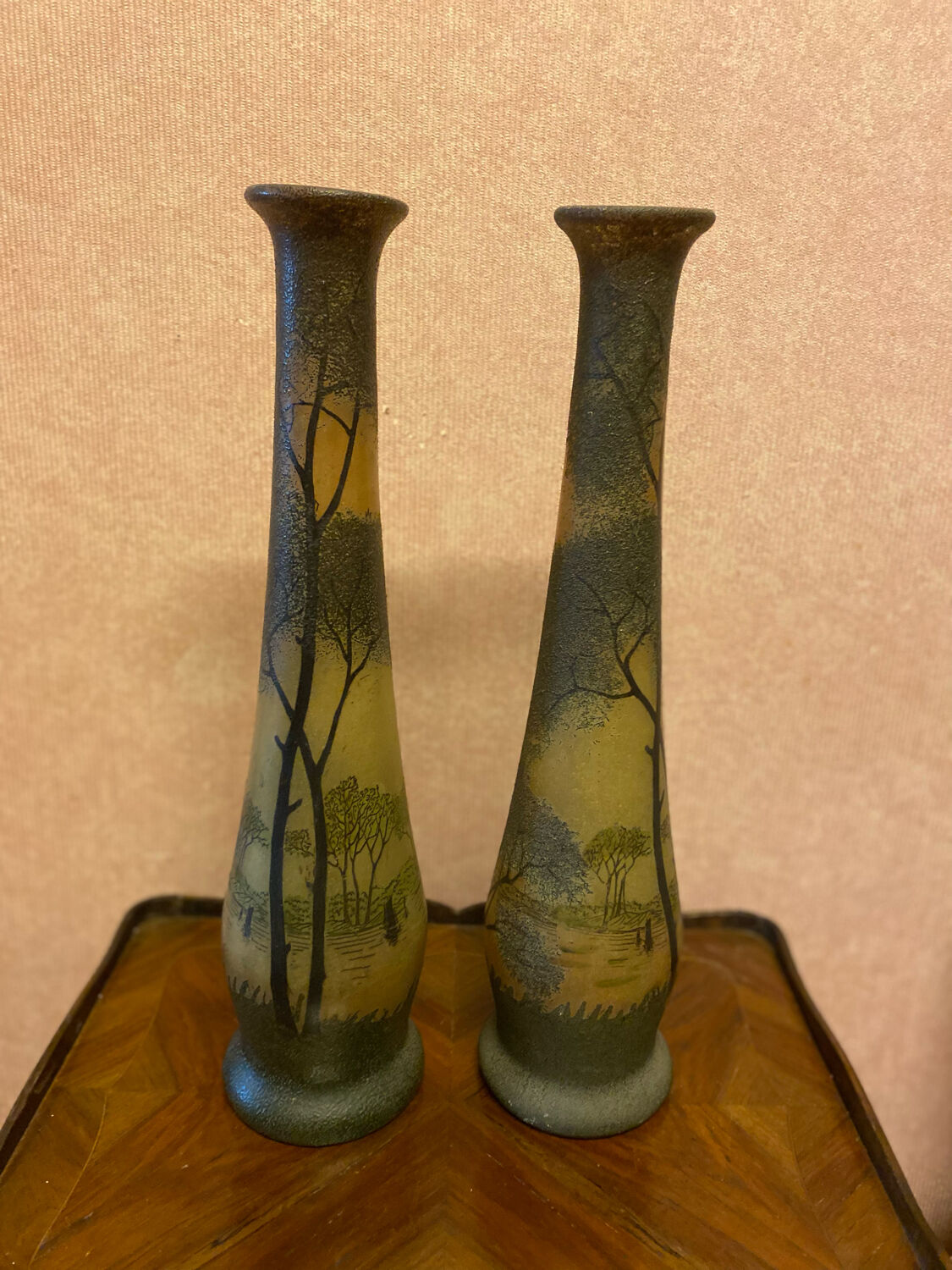 Pair of frosted glass vases, lake scene