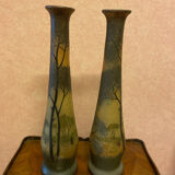 Pair of frosted glass vases, lake scene