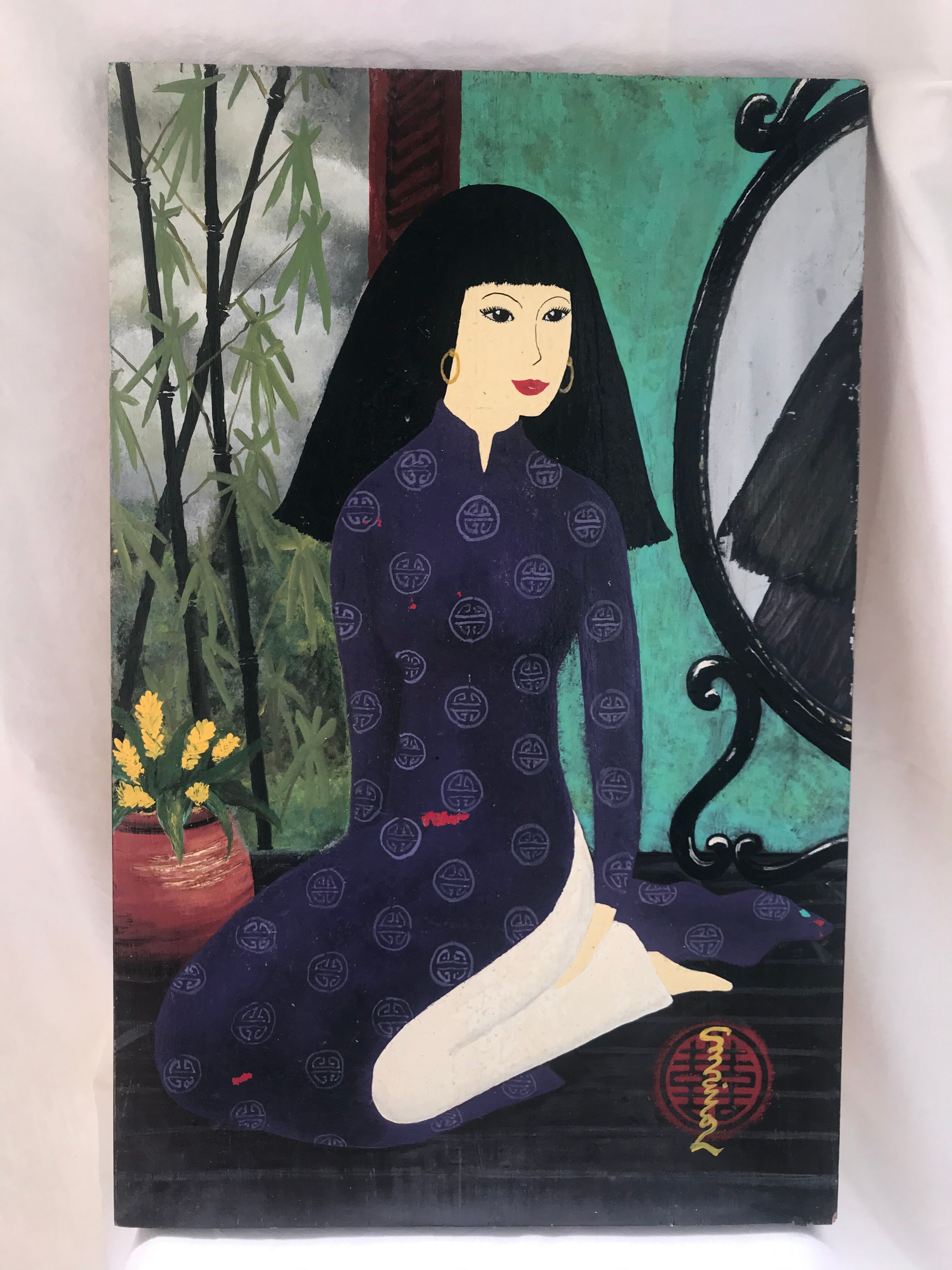 Tableau huile sur bois scène d'intérieur japonais