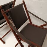 Pair of vintage "safari" folding armchairs in mahogany and leather