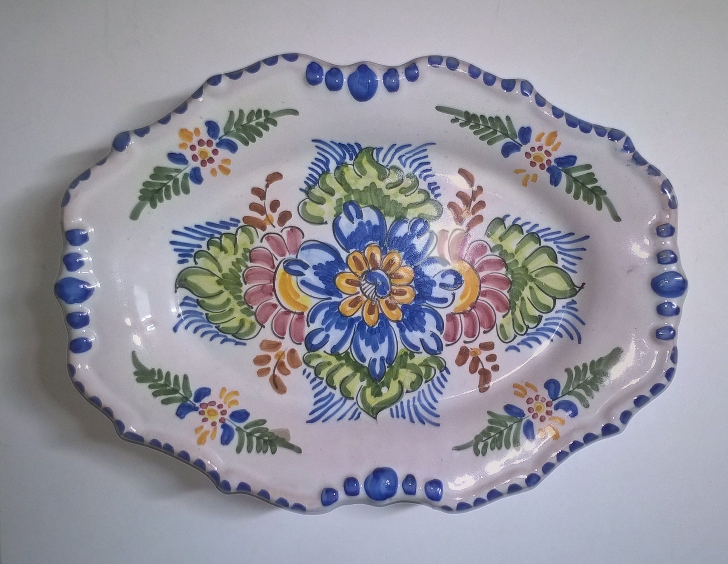 Old oval wall plate handmade and signed vintage floral decor