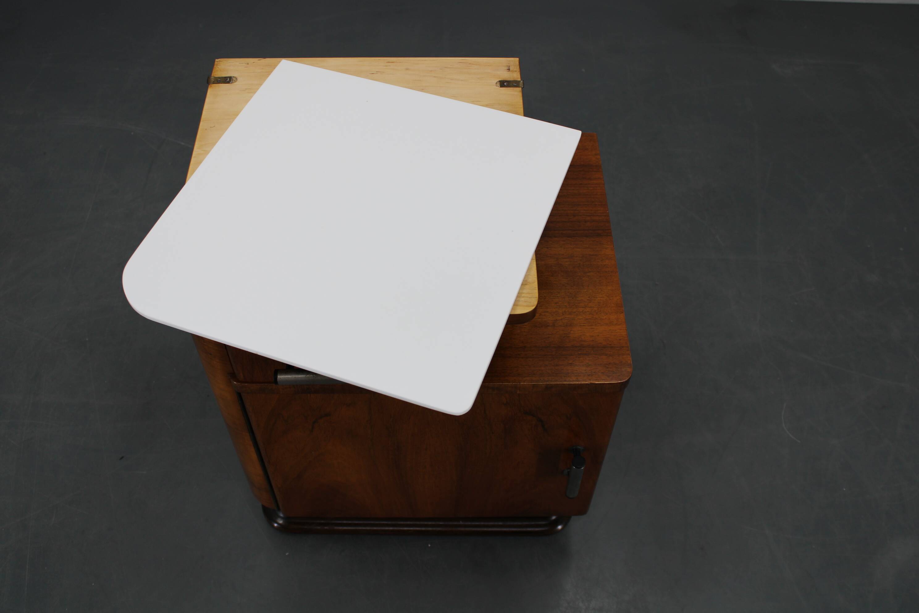 1940s night stand in walnut finish with glass top, Czechoslovakia