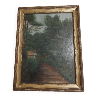 Tableau peinture huile sur panneau forêt landaise début XXème