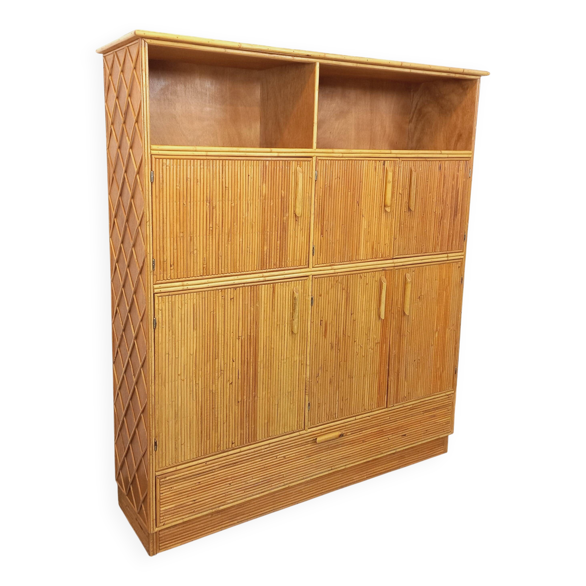Vintage rattan and light wood storage unit from the 60s