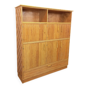 Vintage rattan and light wood storage unit from the 60s