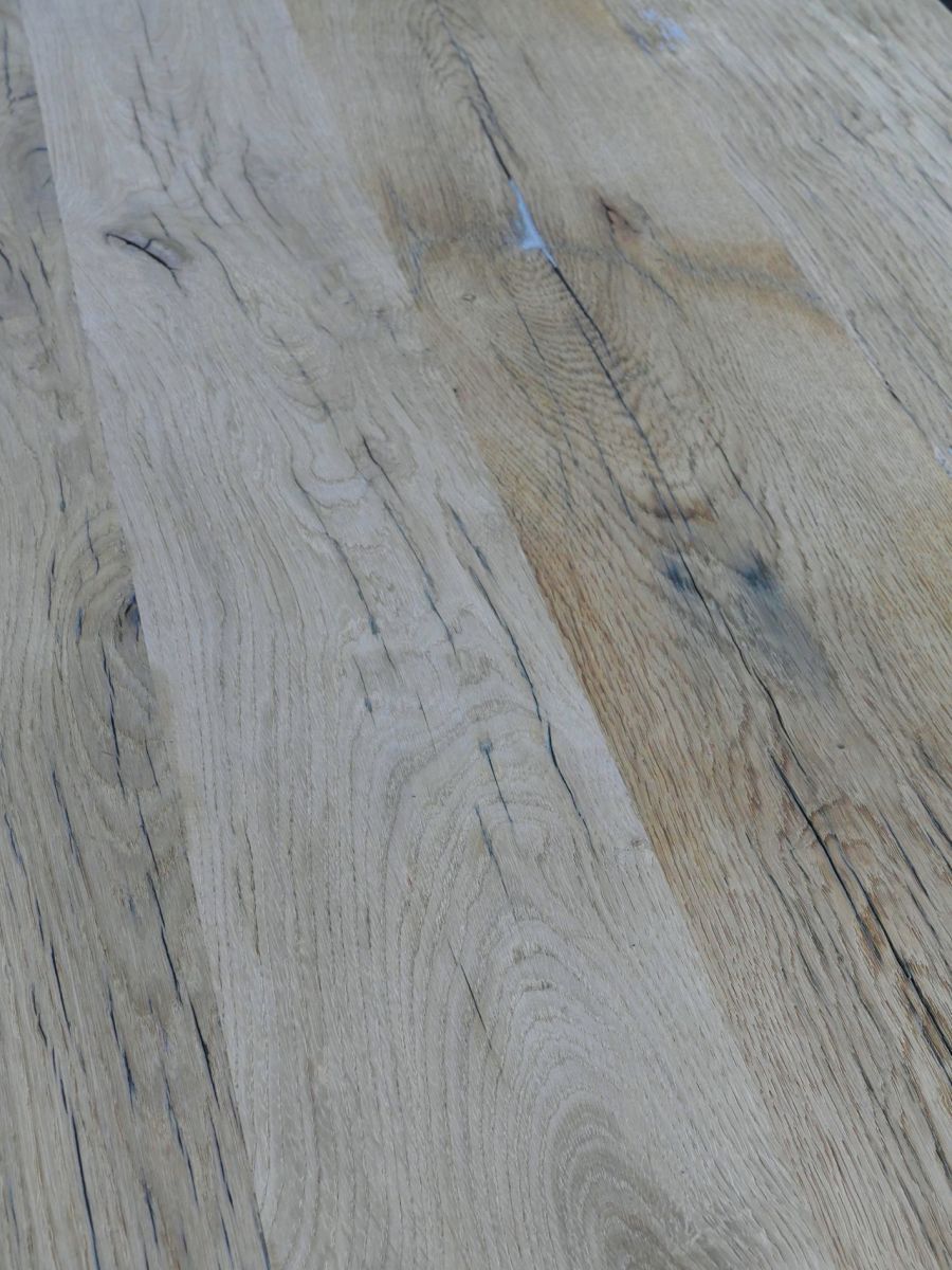 Industrial table solid oak tray and cast-iron footing