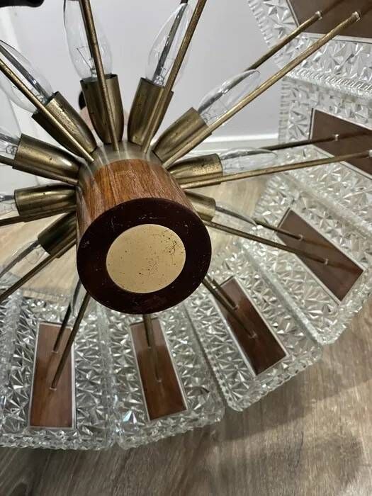 Carl Fagerlund for Orrefors Chandelier — Glass, Teak & Brass, Sweden 1960s