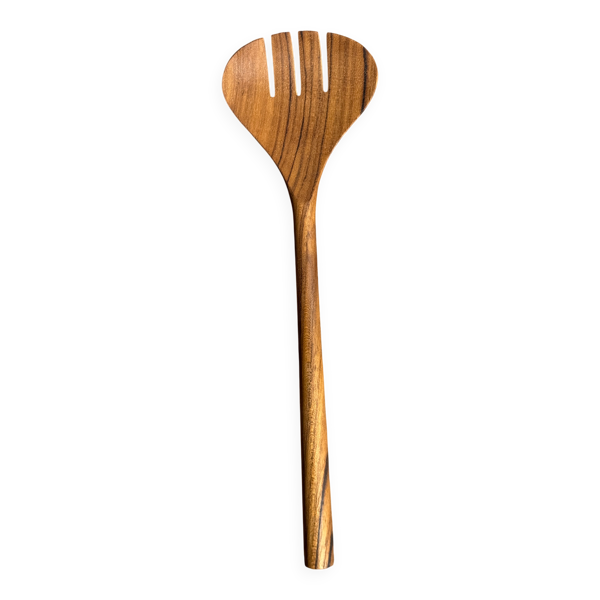 Couvert à salade ou grande cuillère en teck ovale fendue. L18 D8,5